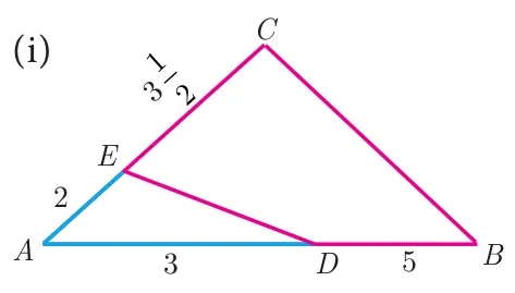 Triangle ABC with A at bottom-left, B at bottom-right and C at top; E on AC with AE = 2 and EC = 3½, D on AB with AD = 3 and DB = 5, and segment EB drawn inside the triangle.
