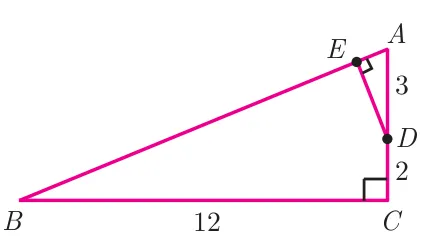 Right triangle ABC with the right angle at C, base BC = 12, point D on CA with AD = 3 and DC = 2, and DE drawn perpendicular to the hypotenuse AB at point E near A.