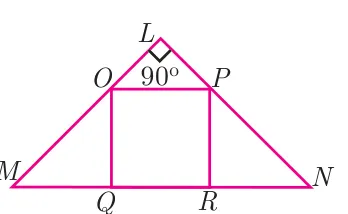 Triangle MLN with a right angle of 90° at apex L and a square OPRQ inscribed with O on LM, P on LN, and Q and R on the base MN.