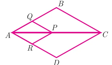 Rhombus-like quadrilateral ABCD with A left, B top, C right, D bottom, horizontal diagonal AC, point P on AC, Q on AB and R on AD, with PQ parallel to BC and PR parallel to CD.