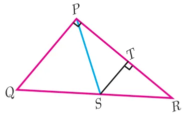 Right triangle PQR with right angle at P, bisector PS to point S on QR, and point T on PR with ST perpendicular to PR.