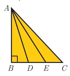 Right angled triangle ABC with the right angle at B, base BC horizontal, points D and E trisecting BC, and segments AD and AE drawn from apex A.