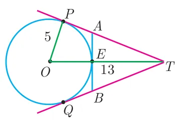 Circle with centre O and radius 5 cm, external point T with OT = 13 cm; tangents from T touch the circle at P and Q, and the tangent at E meets them at A and B.