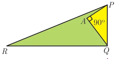 Triangle PQR with R at bottom-left, Q at bottom-right and P at top-right, with point A on PR such that angle PAQ is marked 90 degrees, forming a small yellow triangle PAQ and a larger green region RAQ.