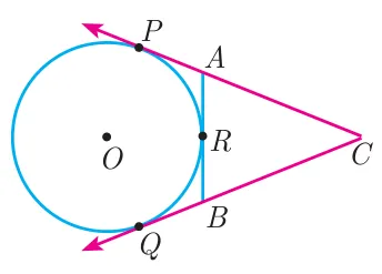 A circle with centre O and two tangents from external point C touching the circle at P and Q, plus a third tangent ARB touching at R and meeting the other tangents at A and B.