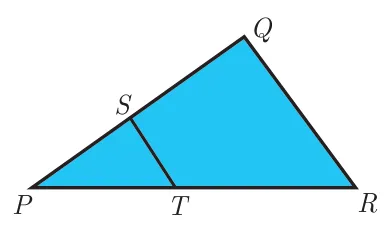 Triangle PQR with P at bottom-left, R at bottom-right and Q at top-right, with S on PQ and T on PR joined by segment ST parallel to QR; the triangle is shaded blue.
