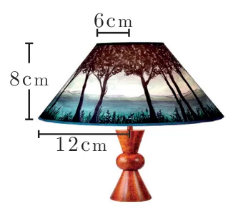 A table lamp with a frustum-shaped shade on a turned wooden stand, labelled 6 cm across the top, 8 cm slant height on the left, and 12 cm across the bottom.