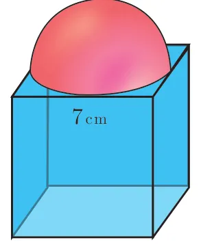A blue cube of side 7 cm surmounted by a pink hemisphere resting on its top face.