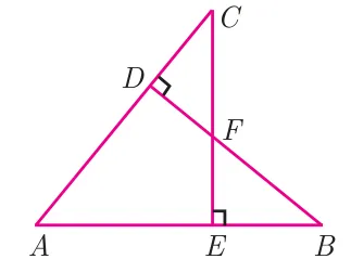 Triangle ABC with altitude BD perpendicular to AC and altitude CE perpendicular to AB, meeting at point F inside the triangle.