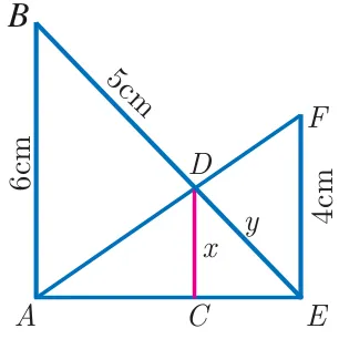 Two vertical segments AB of 6 cm and EF of 4 cm on a horizontal base line A–C–E, with lines BE (BD = 5 cm) and AF crossing at D; CD is labelled x and DE is labelled y.