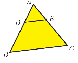 Shaded triangle ABC with apex A at top, points D on AB and E on AC joined by segment DE.